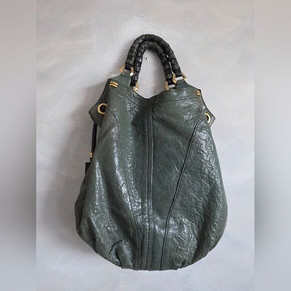 OrYANY Gwen Green Leather Hobo Double Top Handle Bag Goldtone 15x15 - Picture 2 of 13
